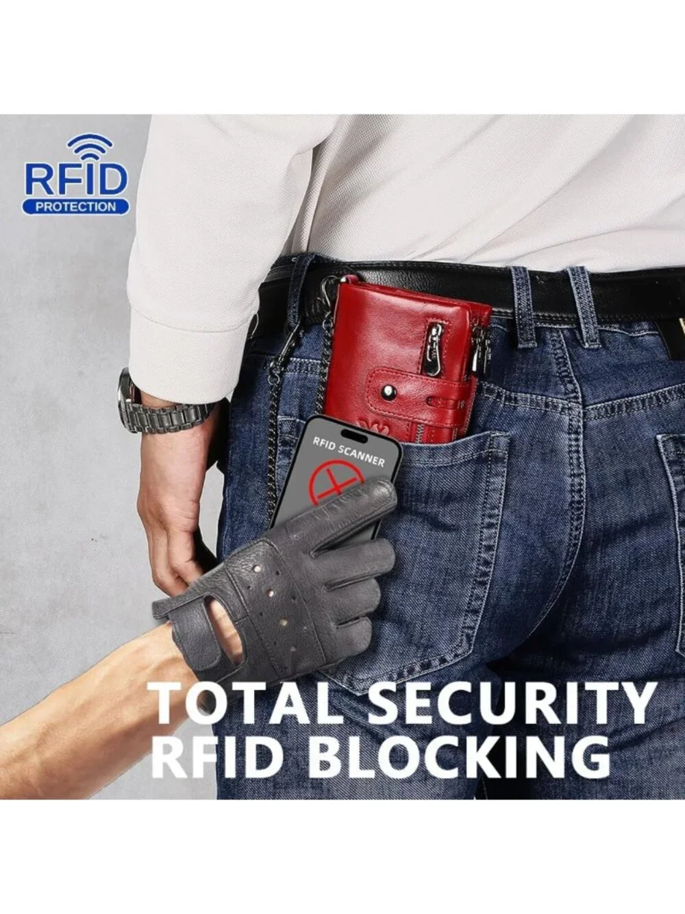 Genuine Leather Anti-Theft Wallet for Men with RFID, Chain, ID Window & Coin